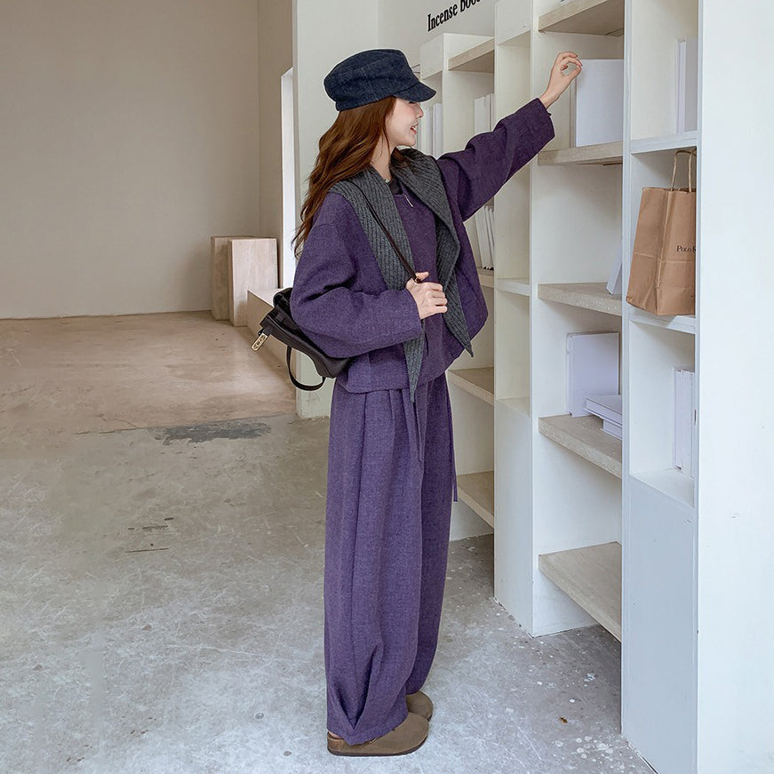 2点セット！【セットアップ】上質感ウールコート＋ワイドパンツ 上下セット レディース 秋冬 韓国風スタイル【JZシリーズ】