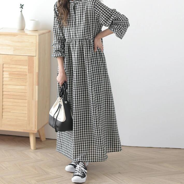 【24AW】【ワンピース】日系 清新 しま模様 ゆったり 長袖ワンピース