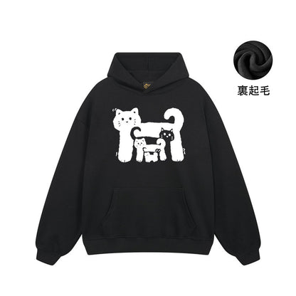 【トップス】🐱アメリカンストリート猫プリントコットンパーカー ユニセックス ペアルック 秋冬 スクール風【FCシリーズ】