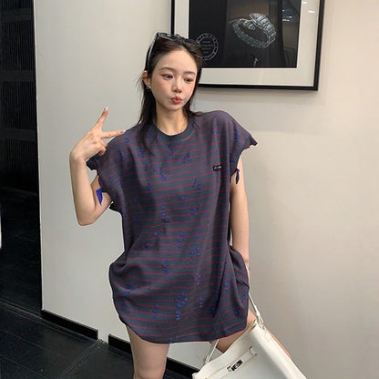 【トップス】ダメージ加工 ストライプ アメリカンリラックス ダメージ 半袖 Ｔシャツ 【FCシリーズ】
