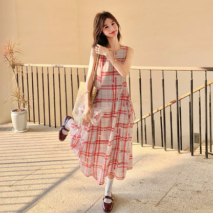【ワンピース】フレンチヴィンテージ チェック柄 ノースリーブキャミソールワンピース 夏 文芸的な リゾート風【SHシリーズ】
