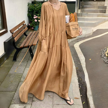 【ワンピース】7カラー 夏 韓国風 ゆったり 大きめサイズ ロング丈 無地 長袖ワンピース