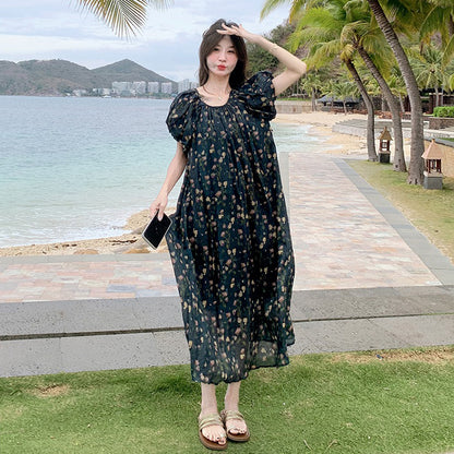 【ワンピース】ビーチリゾート風 リラックス感 花柄 半袖ワンピース レディース  個性的で美しいロングドレス【SHシリーズ】