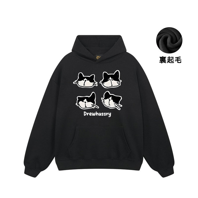 【トップス】🐱カートゥーン猫プリント裏起毛パーカー ユニセックス ペアルック 秋冬 カジュアル【FCシリーズ】