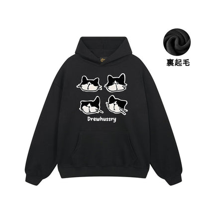 【トップス】🐱カートゥーン猫プリント裏起毛パーカー ユニセックス ペアルック 秋冬 カジュアル【FCシリーズ】