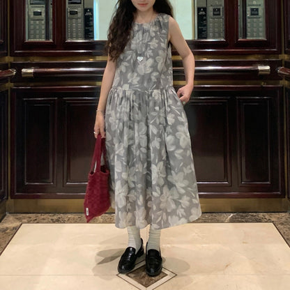 【ワンピース】夏 フロッキープリント プリント 	ヴィンテージ風 花柄 ノースリーブ ワンピース 【SHシリーズ】