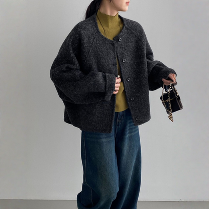 【アウター】春 秋 冬 ウール アルパカ ショート丈 ゆったり ラウンドネック ジャケット 【JZシリーズ】