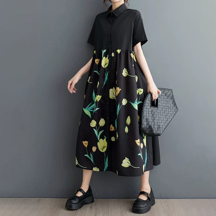 【ワンピース】柄切替ワンピース レディース 夏 半袖 Aライン ゆったり 大きいサイズ 体型カバー ロング丈【SHシリーズ】