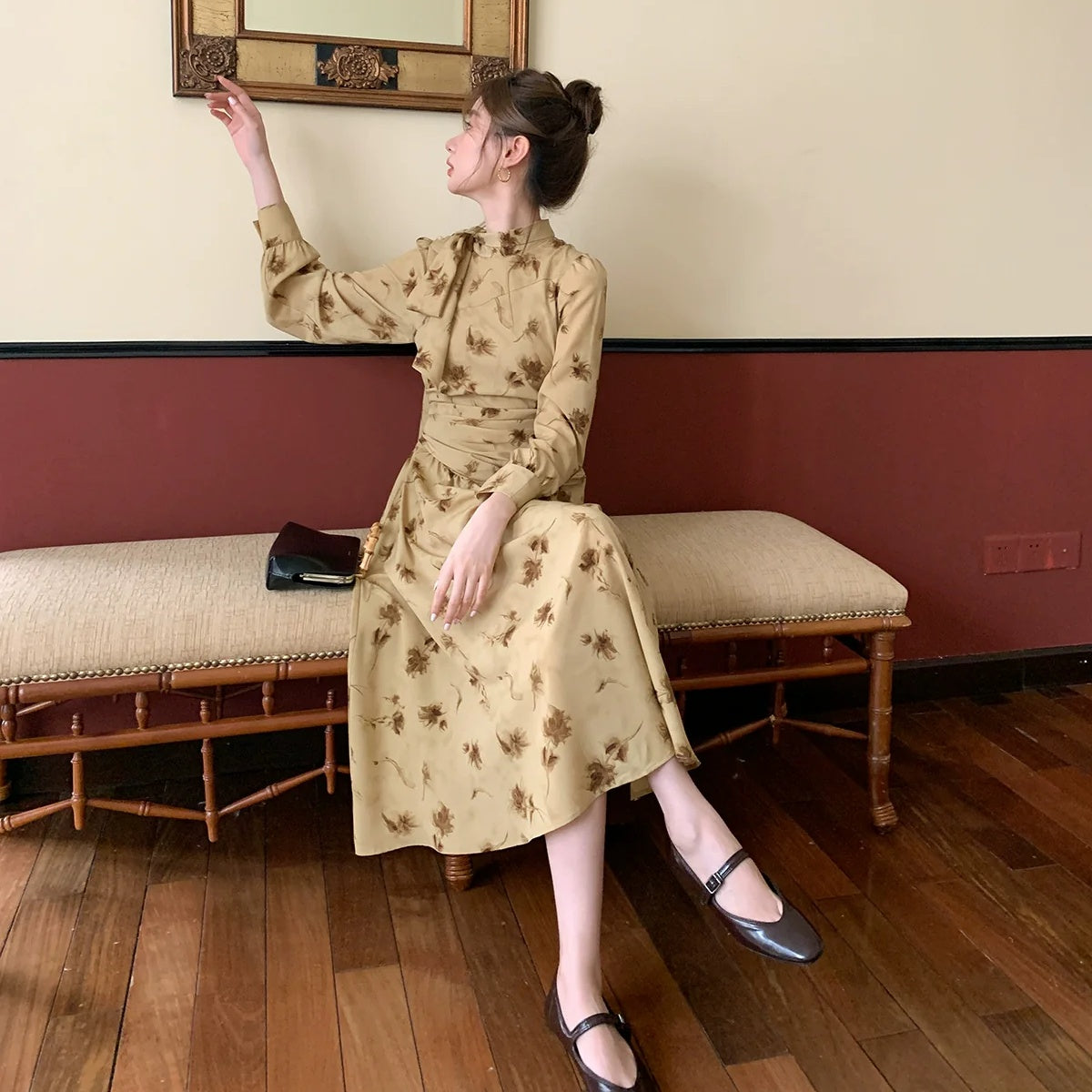 【ワンピース】春 秋 冬 リボンタイ襟 リント プリント ウエストマーク 花柄 ワンピース 【JZシリーズ】