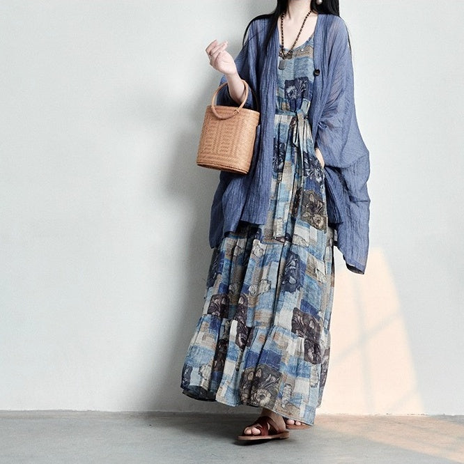 【ワンピース】コットンリネン 抽象柄プリント ゆったりした ノースリーブワンピース 【SHシリーズ】
