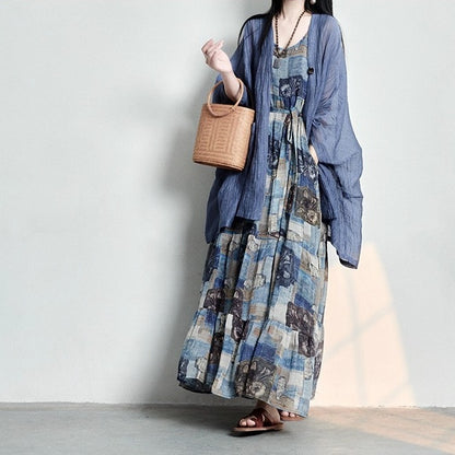【ワンピース】コットンリネン 抽象柄プリント ゆったりした ノースリーブワンピース 【SHシリーズ】