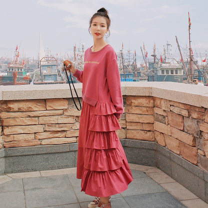 【ワンピース】個性派 かわいい ピンクスウェットワンピース レディース 春秋 ドーパミン風 ゆったり 長袖ワンピース【JZシリーズ】