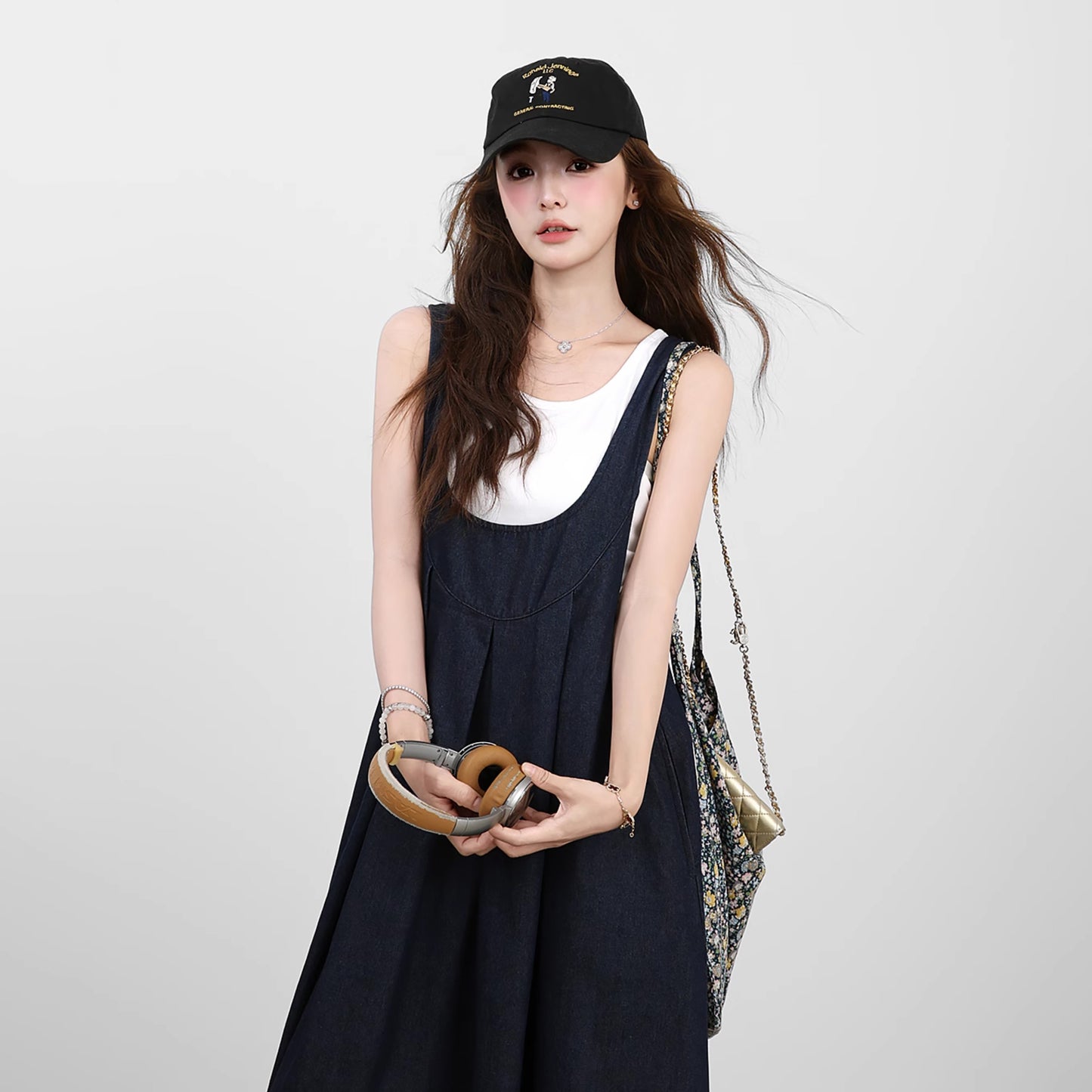 2点セット！【セットアップ】日雑風ベスト + デニム ノースリーブワンピースセットアップ 大人可愛い抜け感コーデに【JZシリーズ】