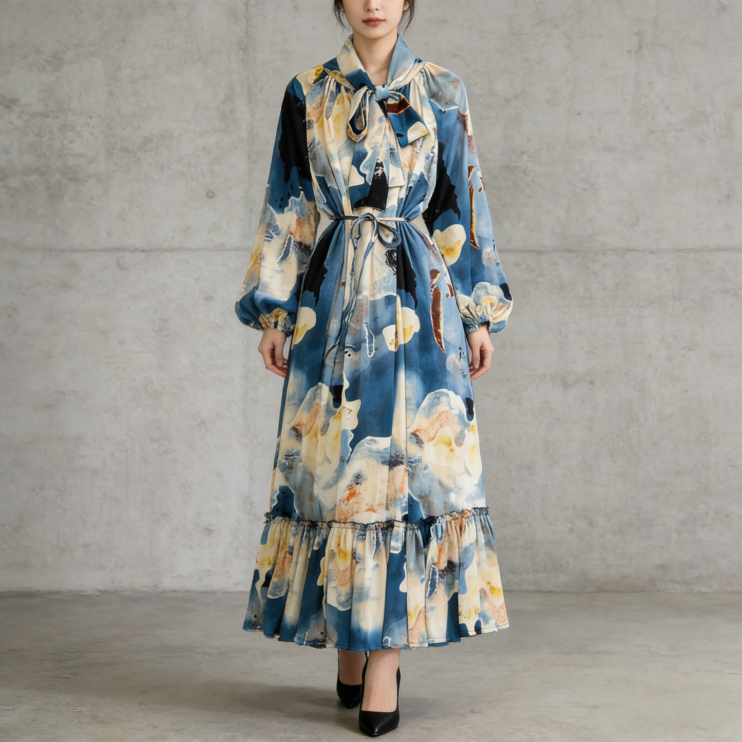 【60%OFF⭐️早い者勝ち】【ワンピース】リボン ウエストマーク Aライン フレア フリル プリント 長袖 ワンピース 【SHシリーズ】