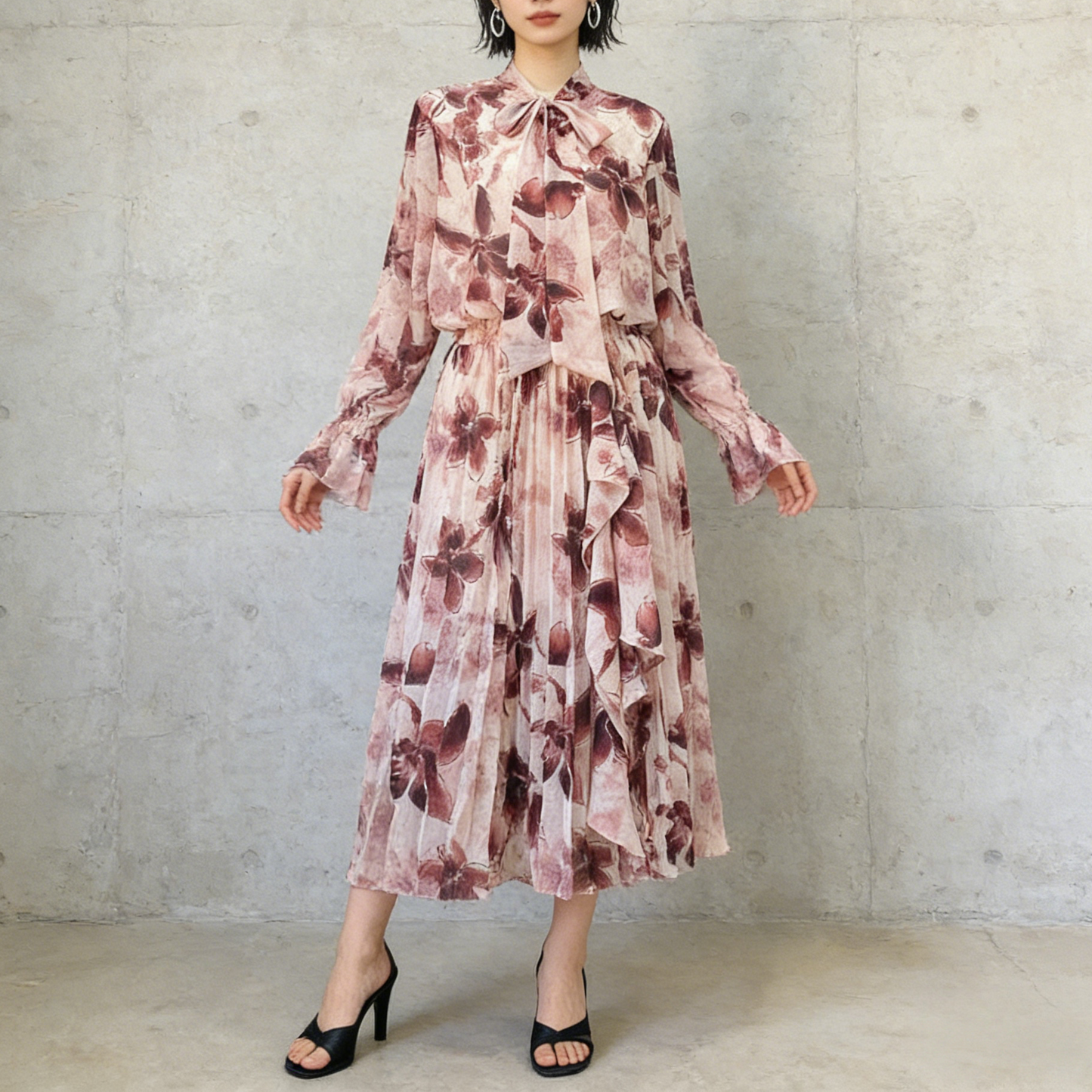 期間限定⭐️60%OFF【ワンピース】リボン付き シフォン ハイウエスト 小花柄 長袖 ワンピース 【SHシリーズ】