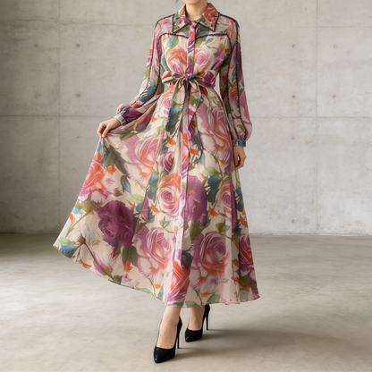 【ワンピース】フレンチエレガント ビジュー装飾 長袖 襟付き ウエストマーク 体型カバー 花柄 フレア ロングワンピースレディース
【SHシリーズ】