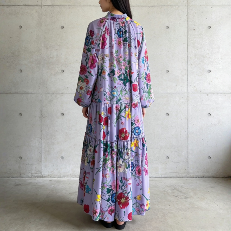 【60%OFF⭐️早い者勝ち】【ワンピース】クラシカル バルーンスリーブ フレンチ リボン付き 花柄 プリント 長袖 ワンピース【SHシリーズ】