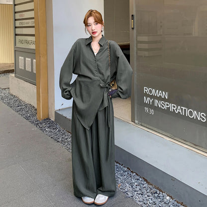 2点セット！【セットアップ】オールドマネー風 高級感 リボンタイシャツ＋ワイドパンツ 上下セット レディース 細見え【JZシリーズ】