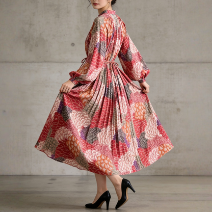 【ワンピース】前開き バルーンスリーブ タック入り フレア 長袖 ワンピース 【SHシリーズ】