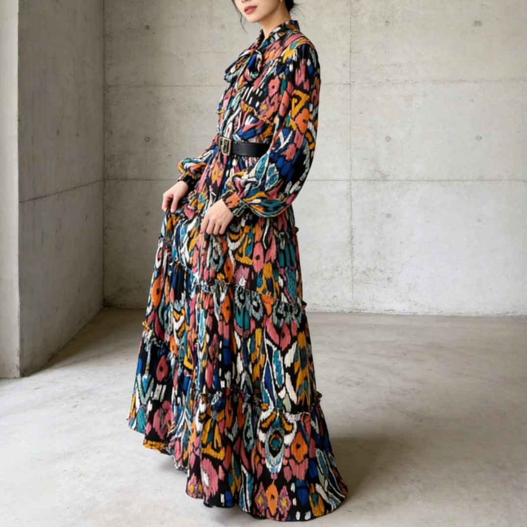 【ワンピース】シングルボタン プリント レディライク フレア 長袖 ワンピース 【SHシリーズ】