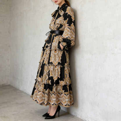 【ワンピース】シングルボタン プリント レディライク フレア 長袖 ワンピース 【SHシリーズ】