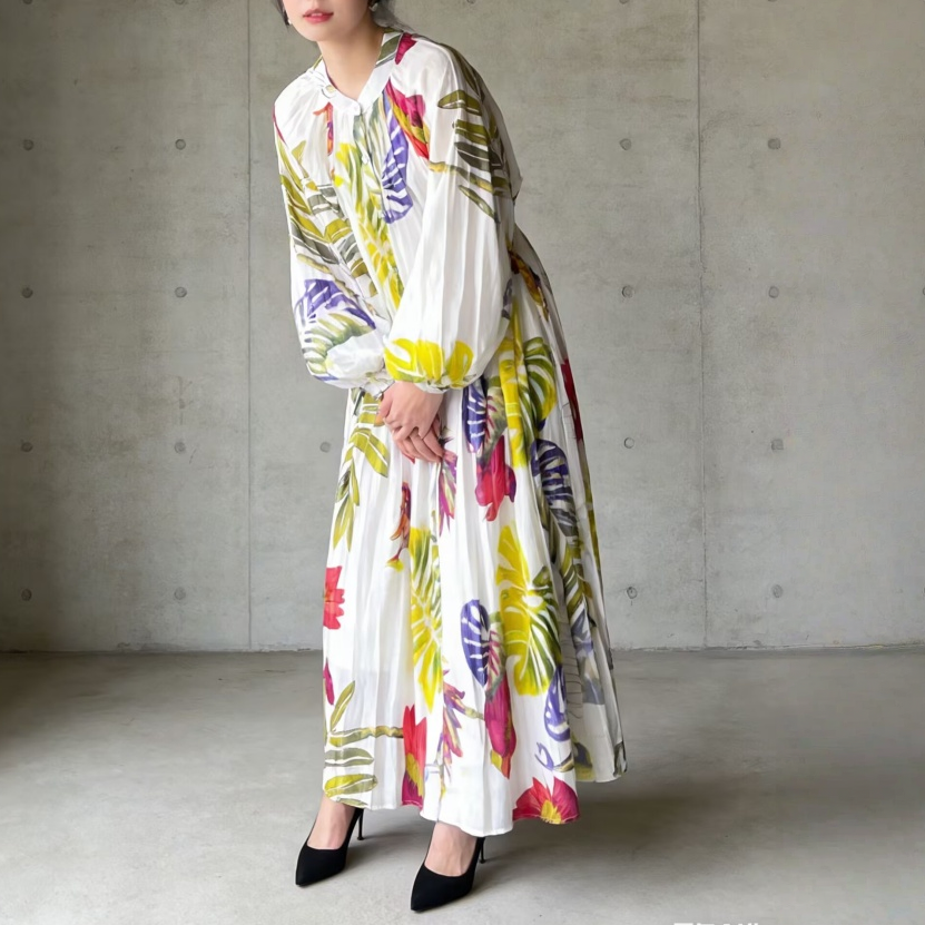 【ワンピース】前開き バルーンスリーブ タック入り フレア 長袖 ワンピース 【SHシリーズ】