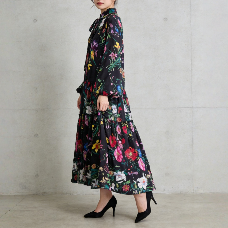 【60%OFF⭐️早い者勝ち】【ワンピース】クラシカル バルーンスリーブ フレンチ リボン付き 花柄 プリント 長袖 ワンピース【SHシリーズ】