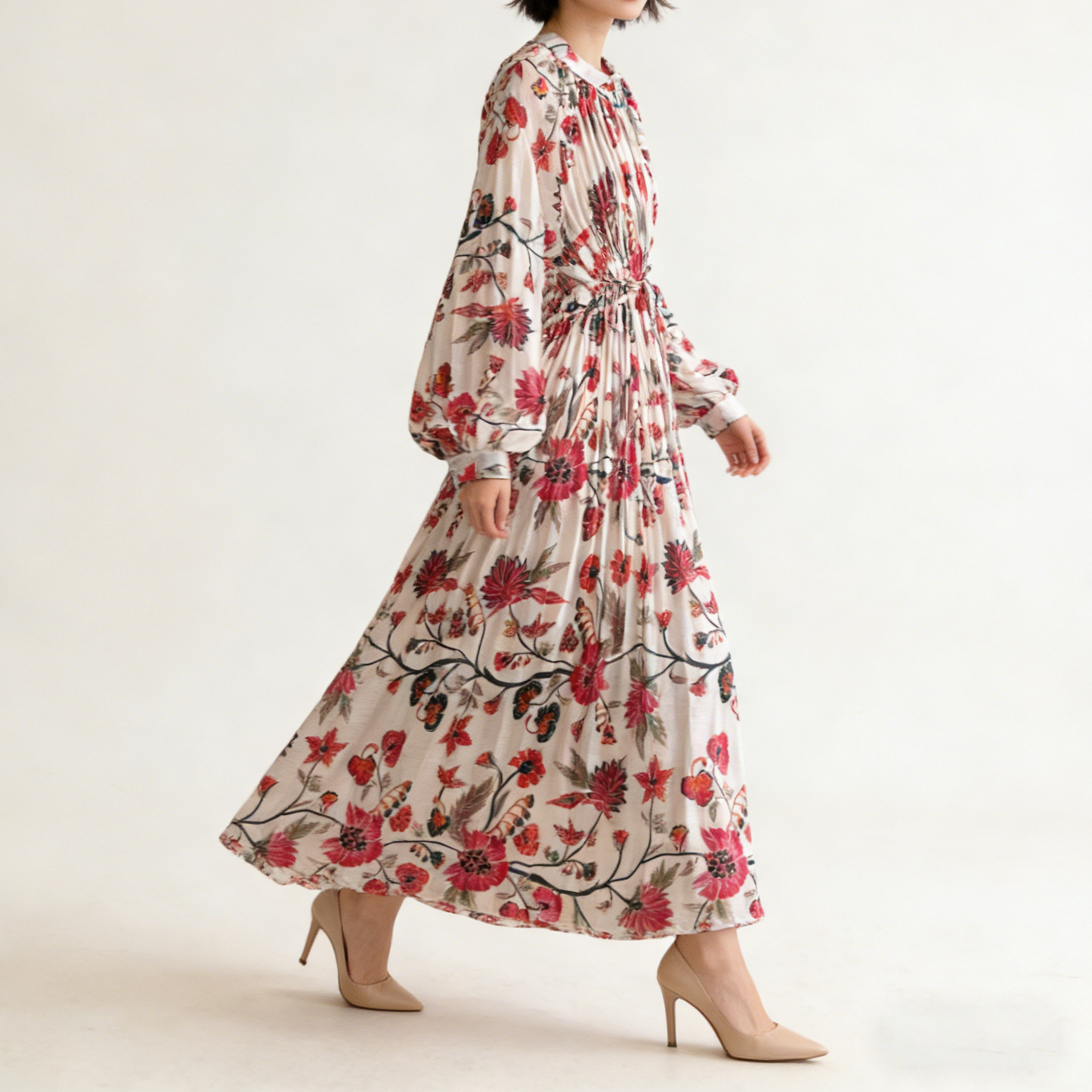 【ワンピース】【1枚で主役級】フレンチ・レトロ・マキシ長袖ワンピース ✨ 着痩せ叶う、大人の花柄【SHシリーズ】