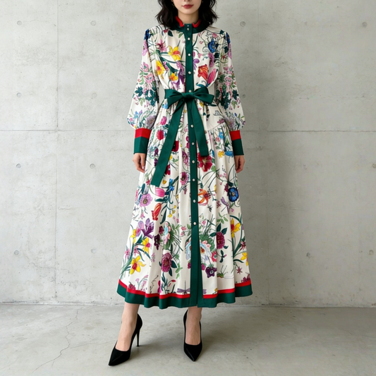 【ワンピース】レディライク シングルボタン ベルト付き フレア 花柄 長袖 ワンピース【SHシリーズ】