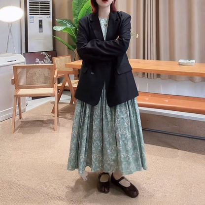 【ワンピース】優しい雰囲気 プリント 大振裾 カジュアル 長袖 ワンピース 【SHシリーズ】