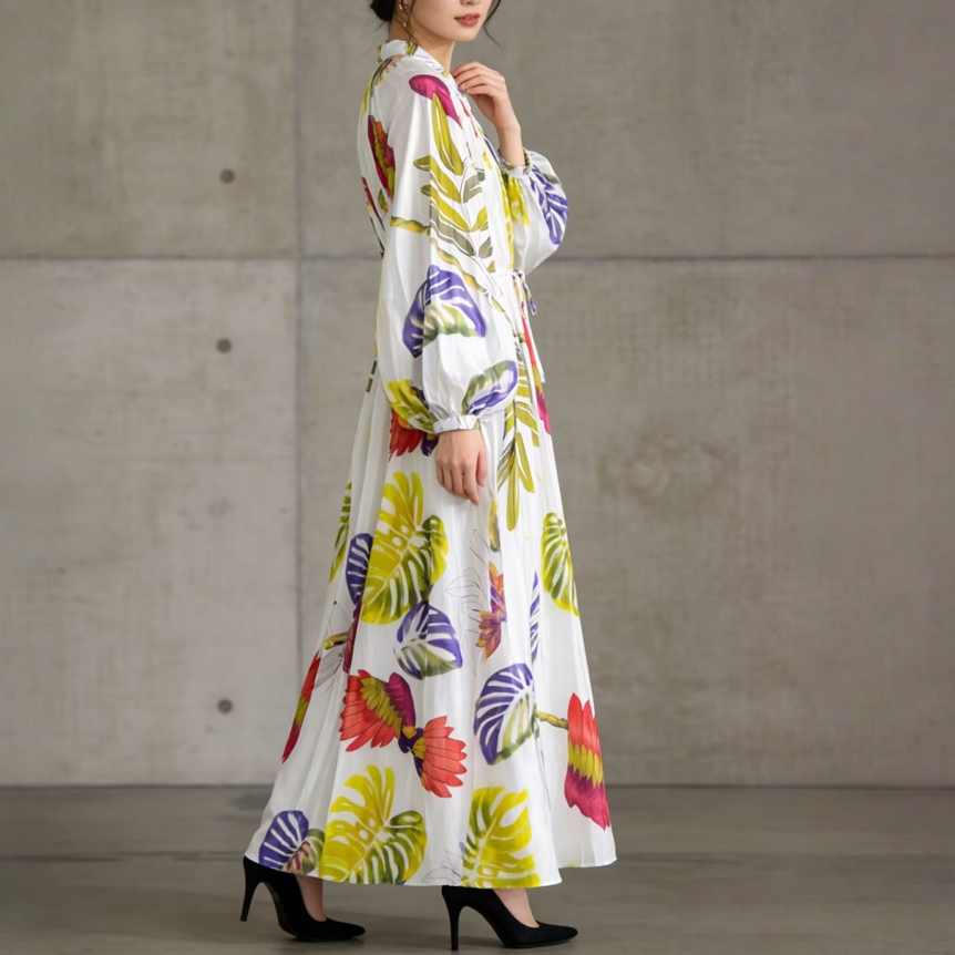 【ワンピース】前開き バルーンスリーブ タック入り フレア 長袖 ワンピース 【SHシリーズ】