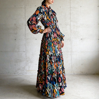 【ワンピース】シングルボタン プリント レディライク フレア 長袖 ワンピース 【SHシリーズ】