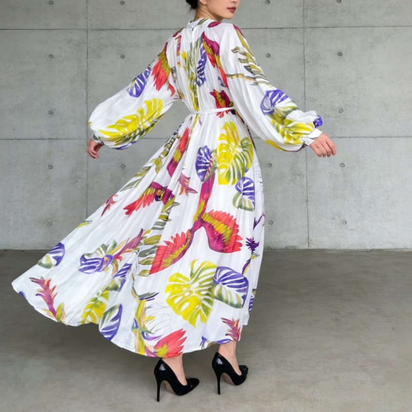 【ワンピース】前開き バルーンスリーブ タック入り フレア 長袖 ワンピース 【SHシリーズ】