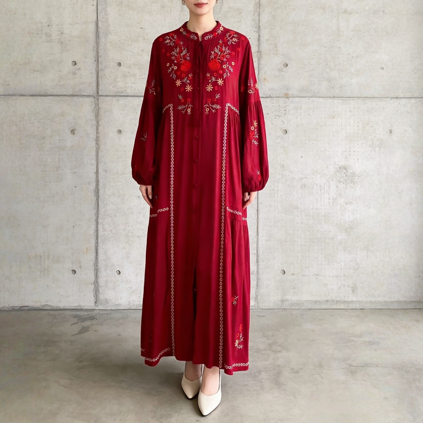 【60%OFF⭐️早い者勝ち】【ワンピース】刺繍 バルーンスリーブ エレガント 長袖 ワンピース 【SHシリーズ】