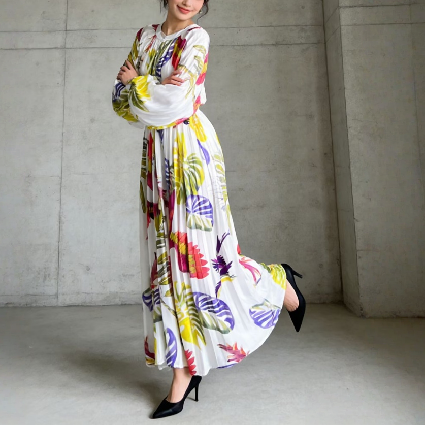 【ワンピース】前開き バルーンスリーブ タック入り フレア 長袖 ワンピース 【SHシリーズ】