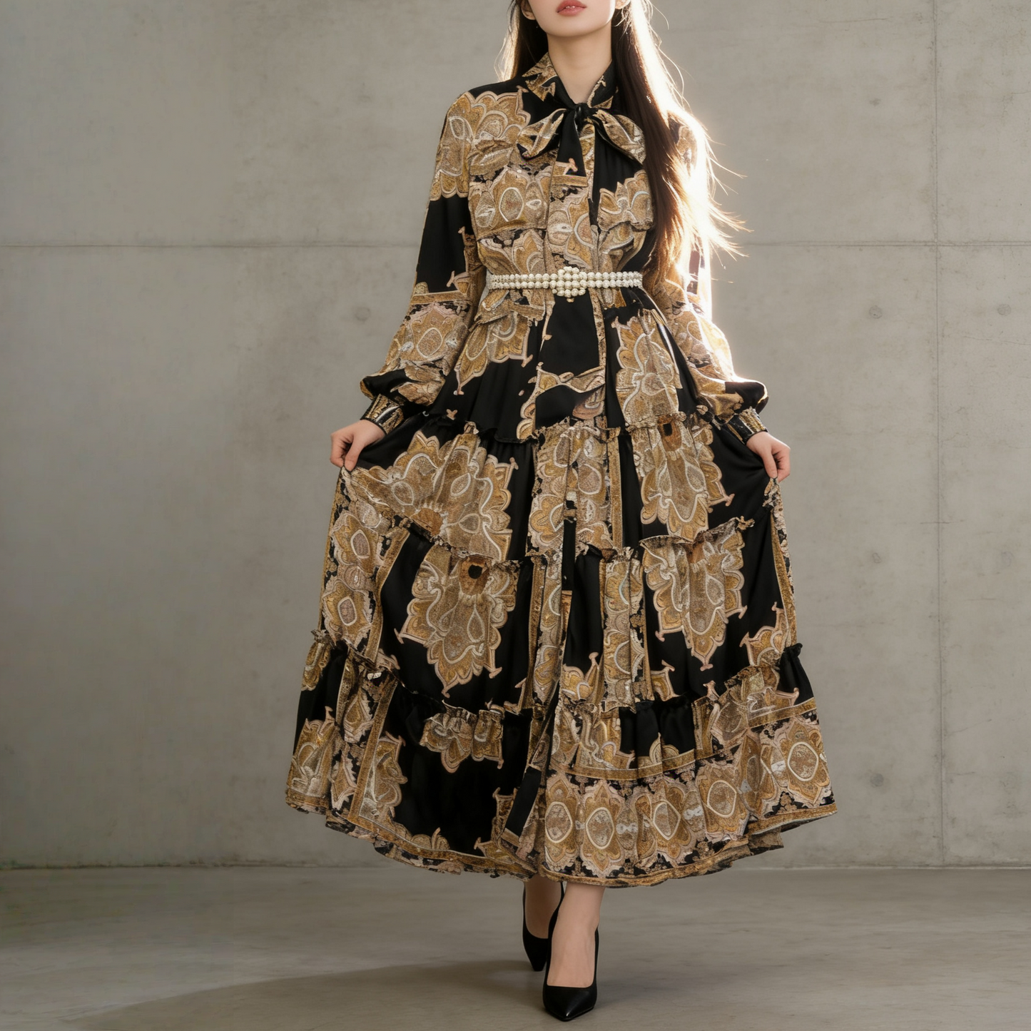 【ワンピース】シングルボタン プリント レディライク フレア 長袖 ワンピース 【SHシリーズ】