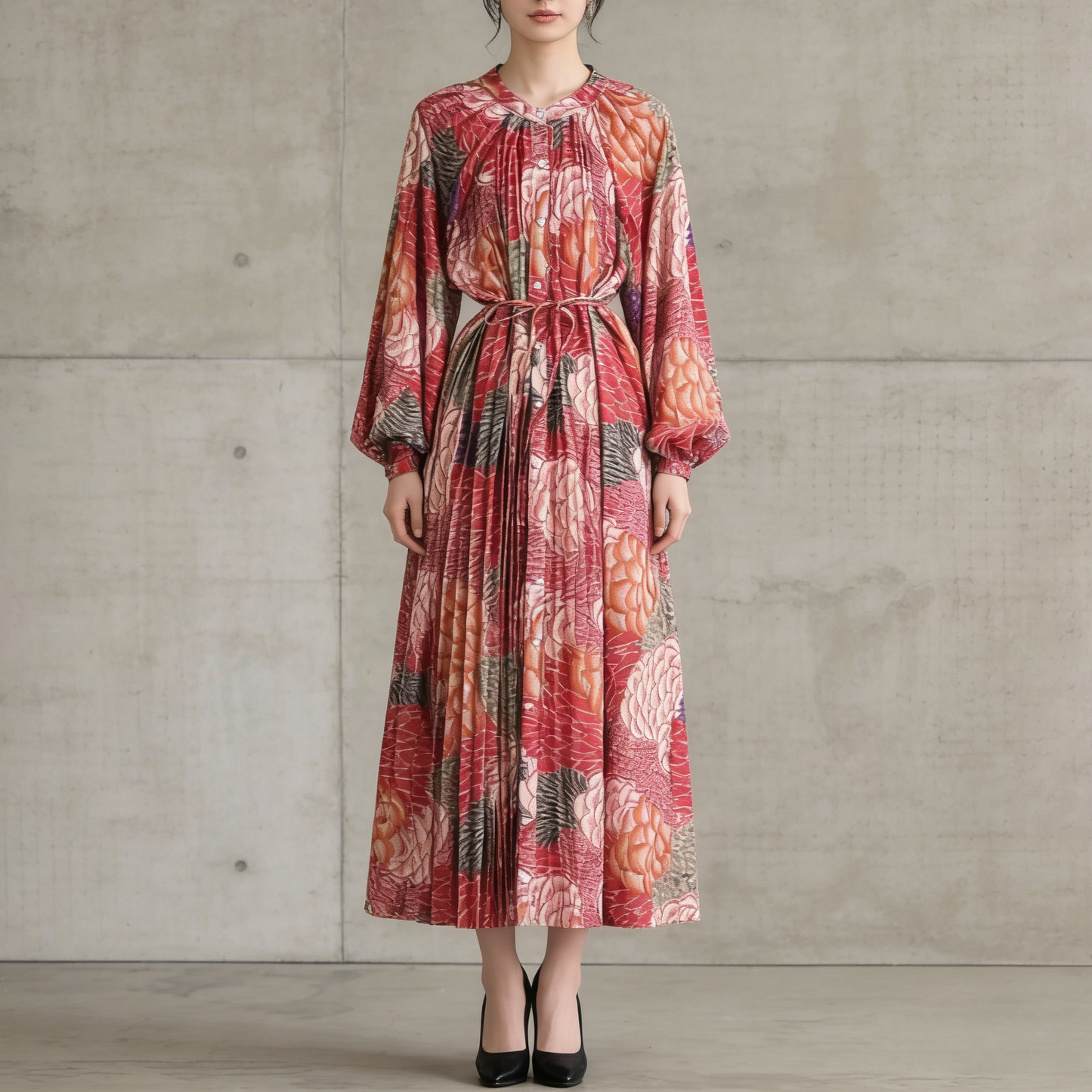 【ワンピース】前開き バルーンスリーブ タック入り フレア 長袖 ワンピース 【SHシリーズ】