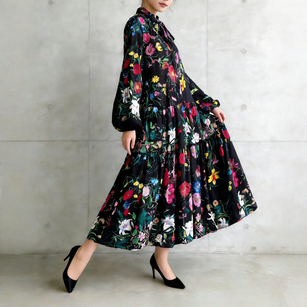 【60%OFF⭐️早い者勝ち】【ワンピース】クラシカル バルーンスリーブ フレンチ リボン付き 花柄 プリント 長袖 ワンピース【SHシリーズ】