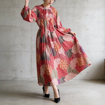 【ワンピース】前開き バルーンスリーブ タック入り フレア 長袖 ワンピース 【SHシリーズ】