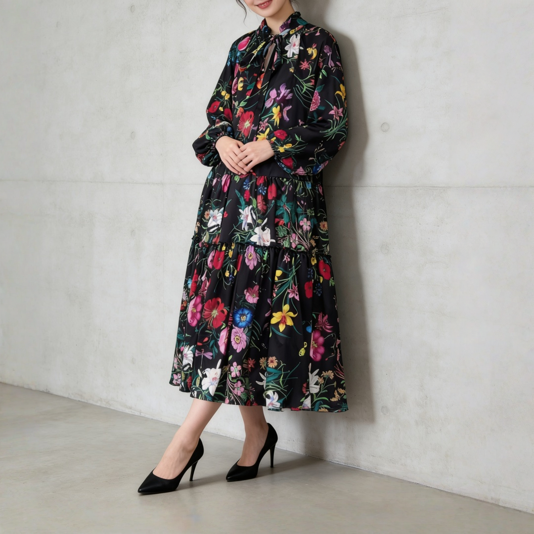 【60%OFF⭐️早い者勝ち】【ワンピース】クラシカル バルーンスリーブ フレンチ リボン付き 花柄 プリント 長袖 ワンピース【SHシリーズ】