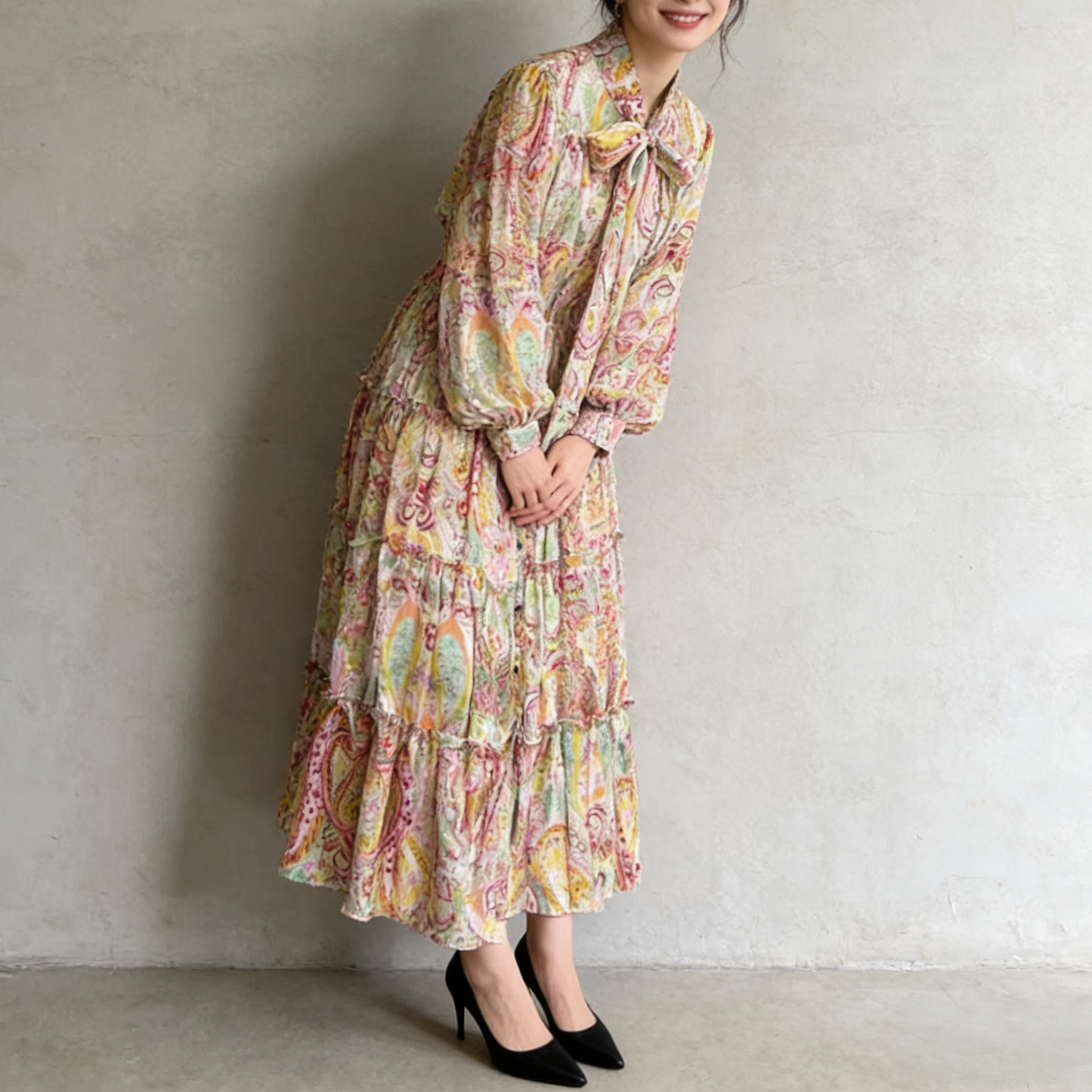 【ワンピース】シングルボタン プリント レディライク フレア 長袖 ワンピース 【SHシリーズ】