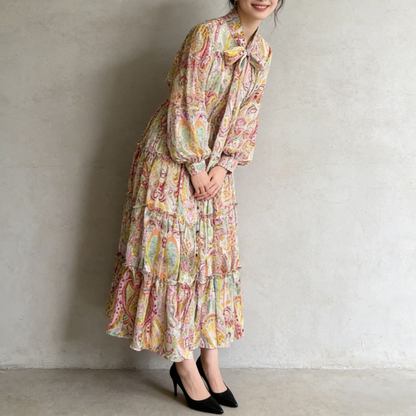 【ワンピース】シングルボタン プリント レディライク フレア 長袖 ワンピース 【SHシリーズ】