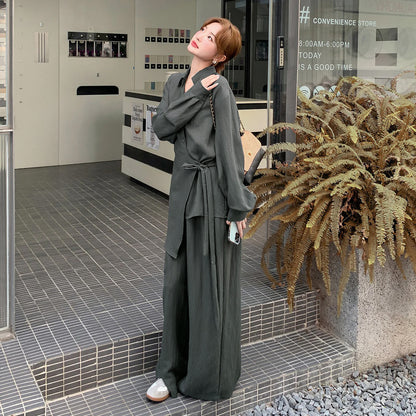 2点セット！【セットアップ】オールドマネー風 高級感 リボンタイシャツ＋ワイドパンツ 上下セット レディース 細見え【JZシリーズ】