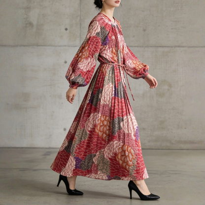 【ワンピース】前開き バルーンスリーブ タック入り フレア 長袖 ワンピース 【SHシリーズ】