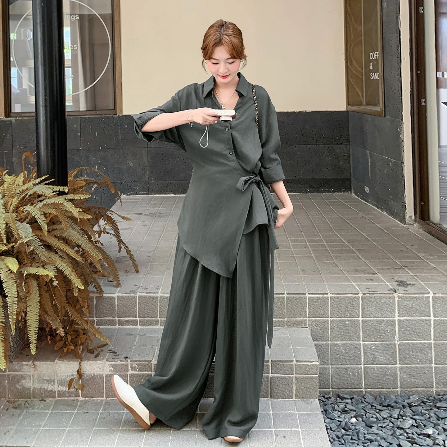 2点セット！【セットアップ】オールドマネー風 高級感 リボンタイシャツ＋ワイドパンツ 上下セット レディース 細見え【JZシリーズ】