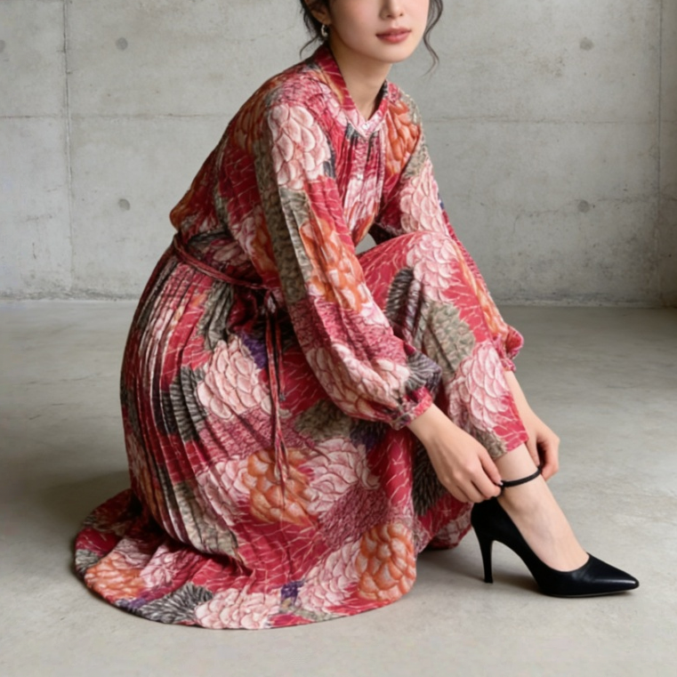 【ワンピース】前開き バルーンスリーブ タック入り フレア 長袖 ワンピース 【SHシリーズ】