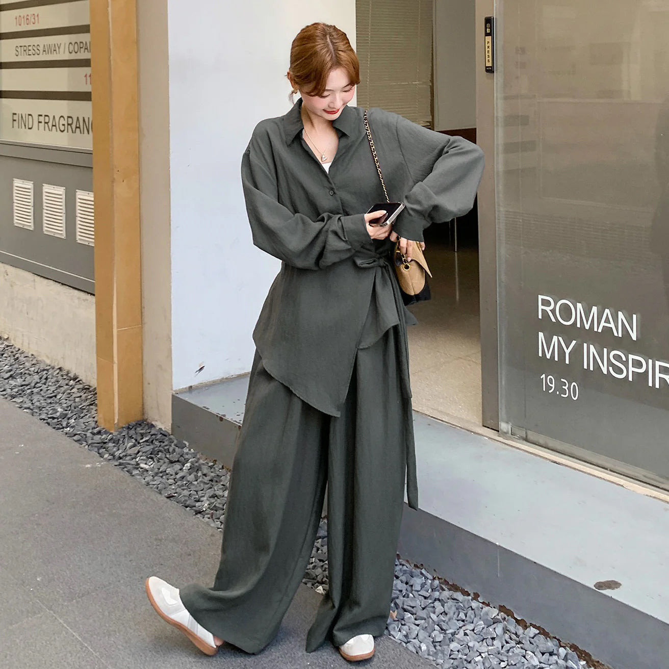 2点セット！【セットアップ】オールドマネー風 高級感 リボンタイシャツ＋ワイドパンツ 上下セット レディース 細見え【JZシリーズ】