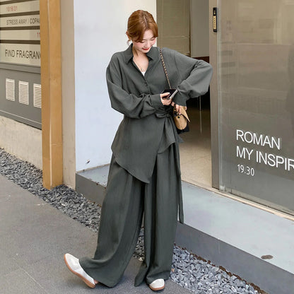 2点セット！【セットアップ】オールドマネー風 高級感 リボンタイシャツ＋ワイドパンツ 上下セット レディース 細見え【JZシリーズ】