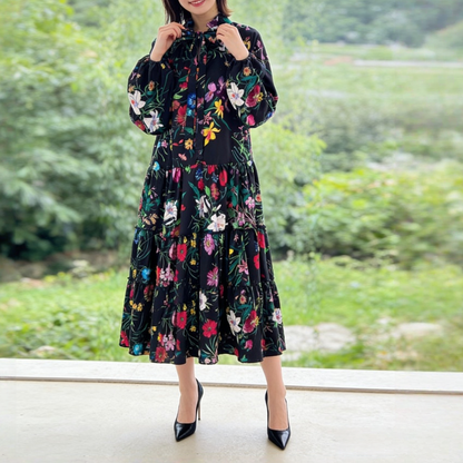 【60%OFF⭐️早い者勝ち】【ワンピース】クラシカル バルーンスリーブ フレンチ リボン付き 花柄 プリント 長袖 ワンピース【SHシリーズ】