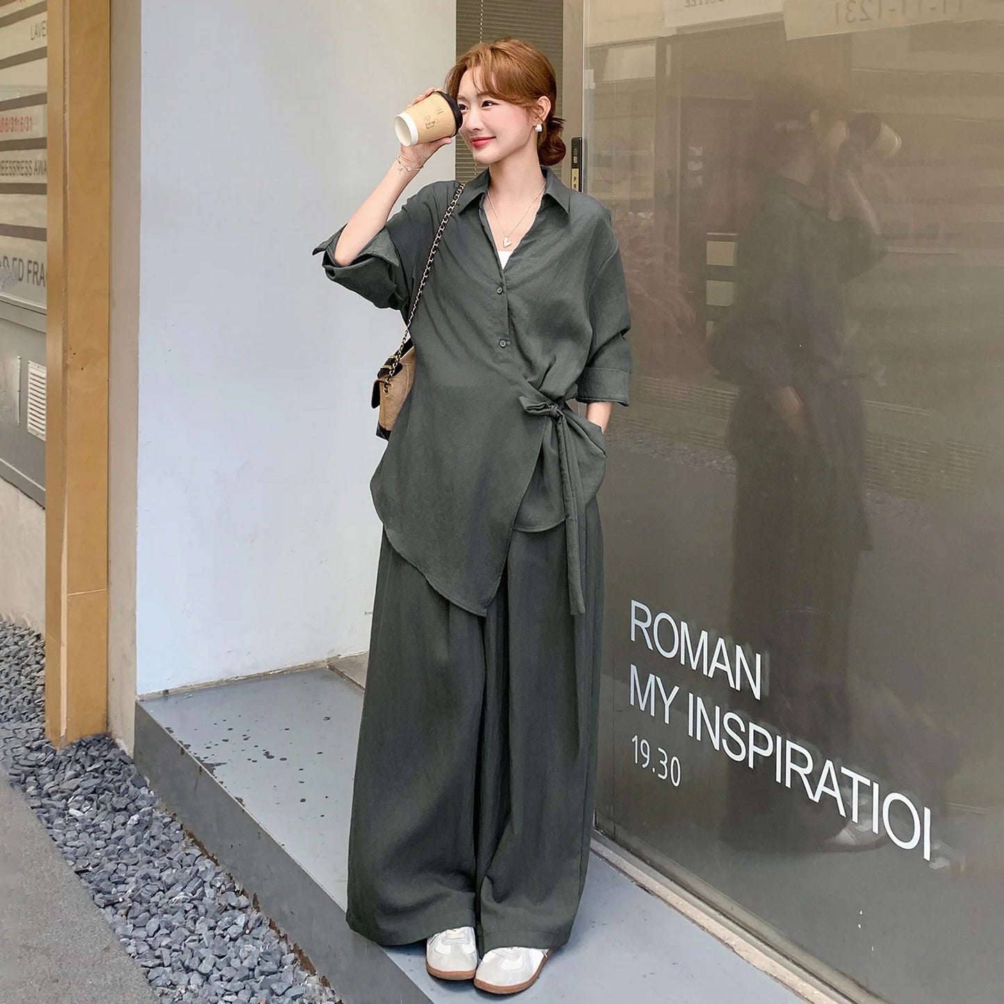 2点セット！【セットアップ】オールドマネー風 高級感 リボンタイシャツ＋ワイドパンツ 上下セット レディース 細見え【JZシリーズ】